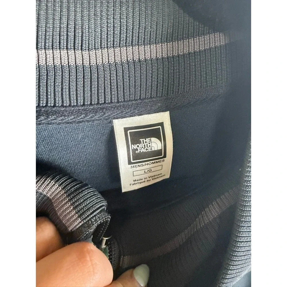 THE NORTH FACE Track Jacket Men L Black Gray Full Zip Logo Ribbed Collar Stripe